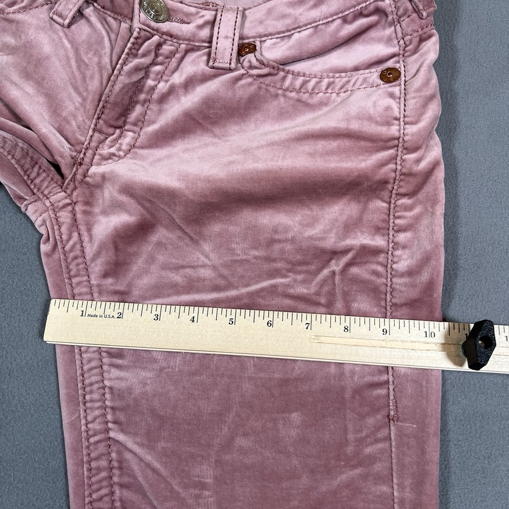 True Religion Joey Big T Velour Flare Leg Pants Sz 31x30 Pink Bootcut Flaps USA - Picture 9 of 12